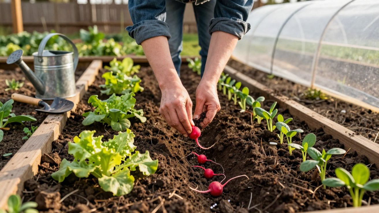 Mains récoltant des radis dans un potager avec laitues et jeunes pousses sous tunnel transparent.