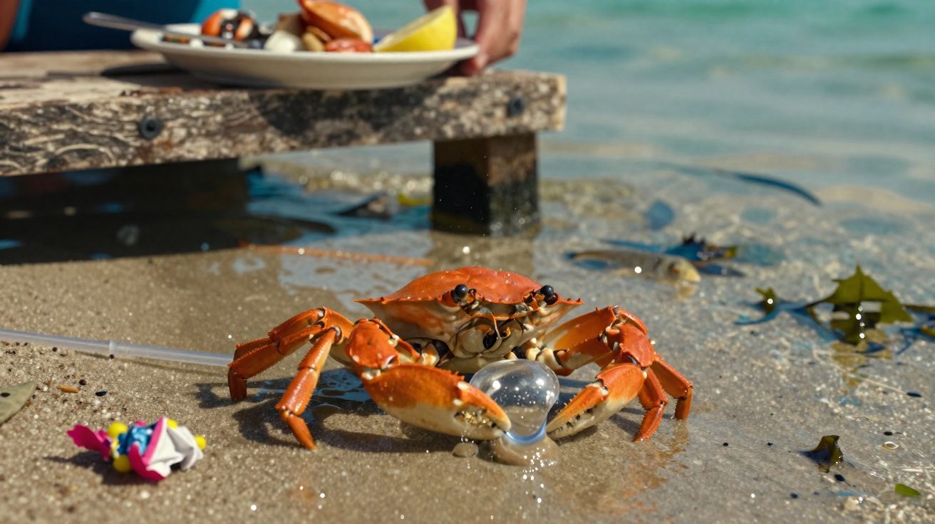 Crabe rouge tenant une bulle d'eau sur le sable près d'un ponton en bord de mer.