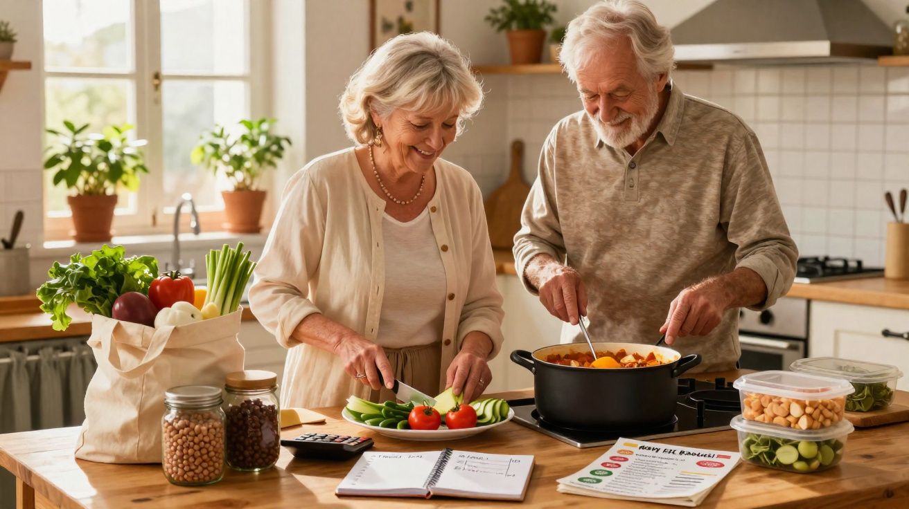 Personnes âgées en train de cuisiner ensemble dans une cuisine lumineuse, préparant des légumes frais.