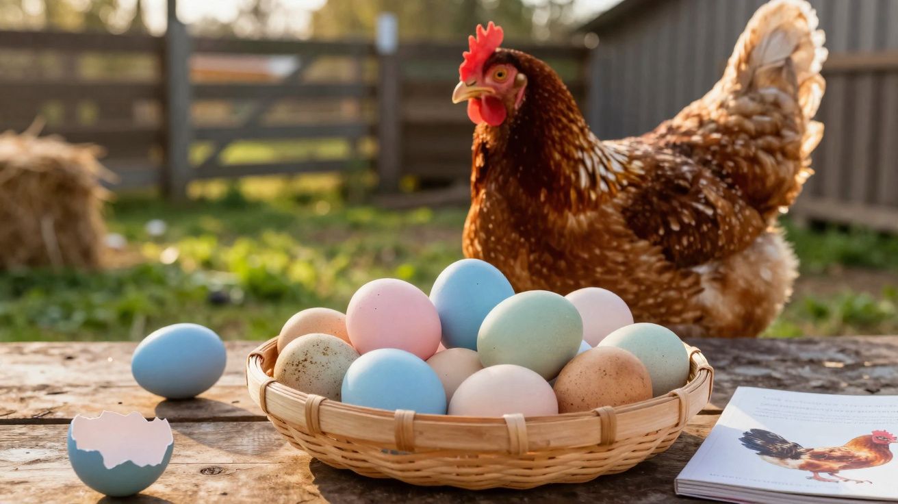Poulet brun près d'un panier d'œufs colorés sur une table en bois extérieure à la ferme.
