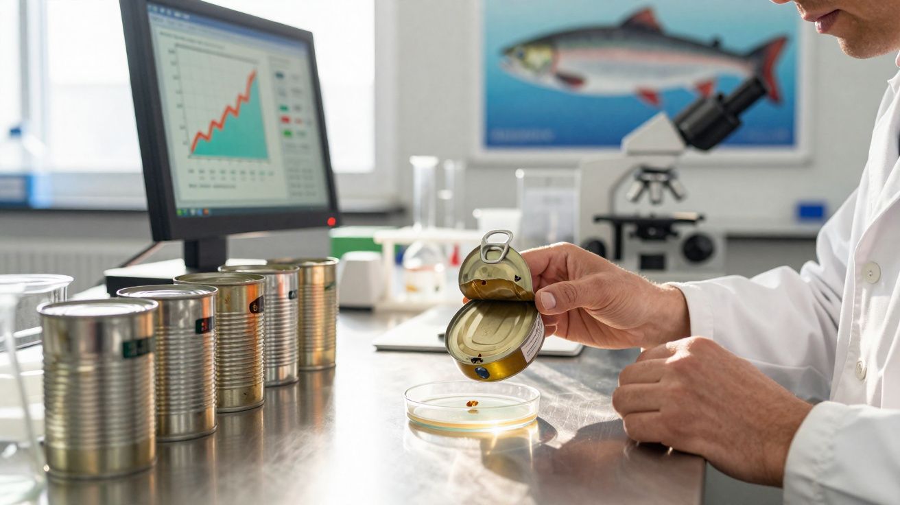 Scientifique versant du contenu de boîte de conserve dans boîte de Pétri en laboratoire avec écran graphique en arrière-plan.