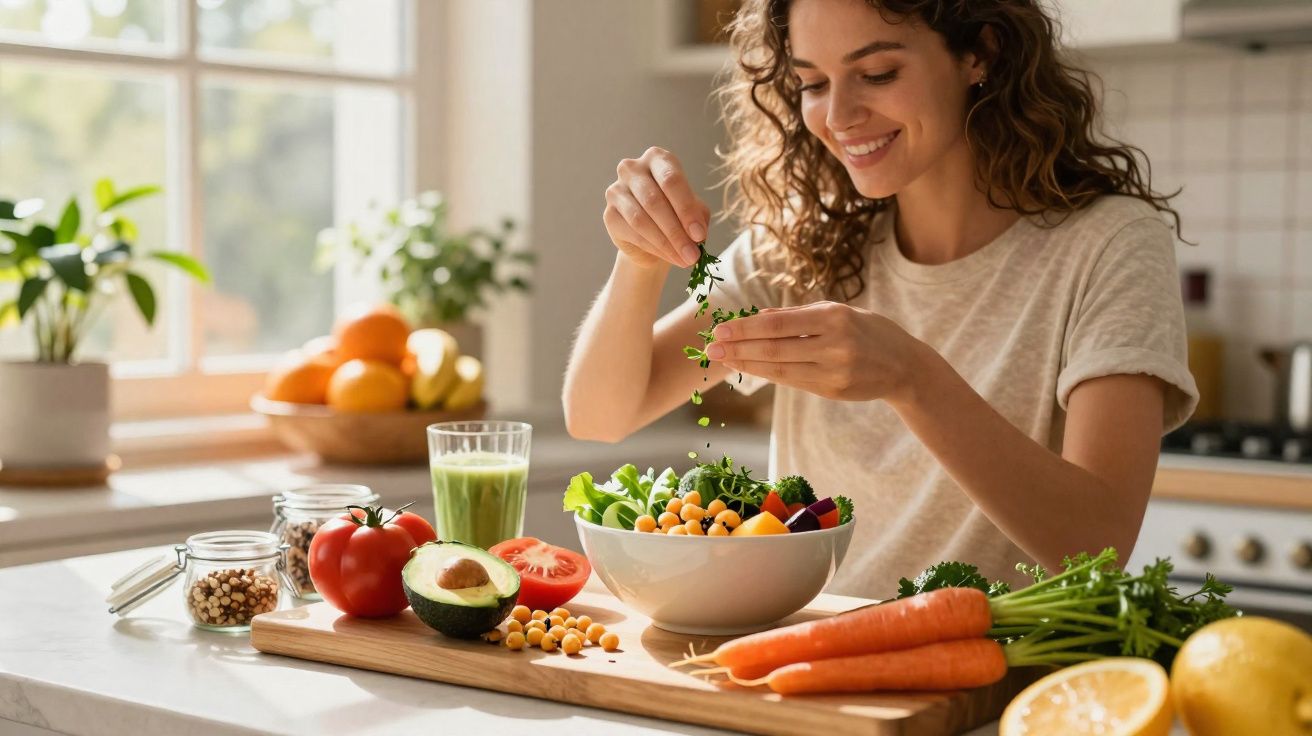 Femme souriante préparant une salade fraîche avec légumes et légumineuses dans une cuisine lumineuse.