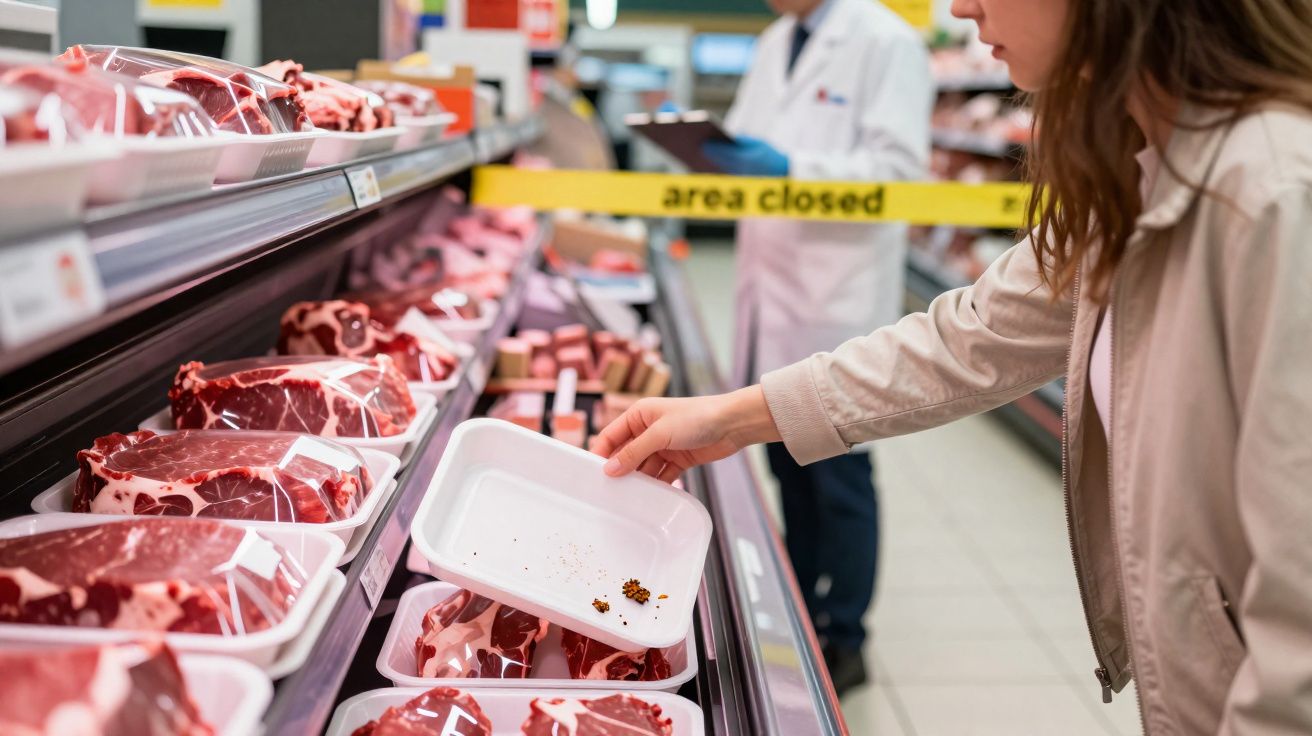 Femme regardant un emballage vide avec insectes sur le rayon viande d'un supermarché, zone fermée par ruban jaune.