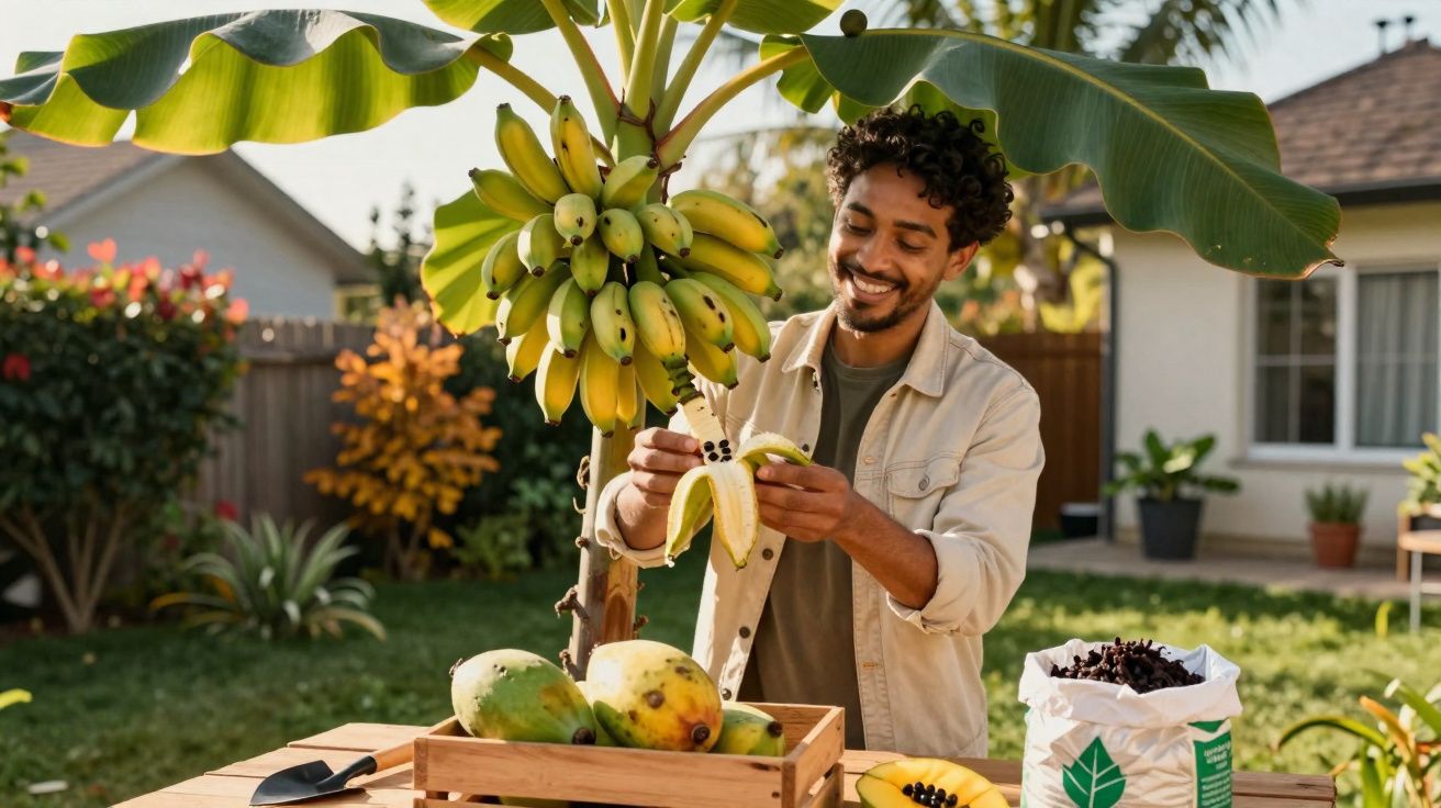 Un homme souriant épluche une banane sous un bananier dans un jardin ensoleillé avec des fruits tropicaux.