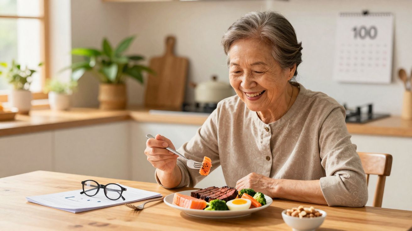 Femme âgée souriante mangeant un repas équilibré dans une cuisine lumineuse et chaleureuse.
