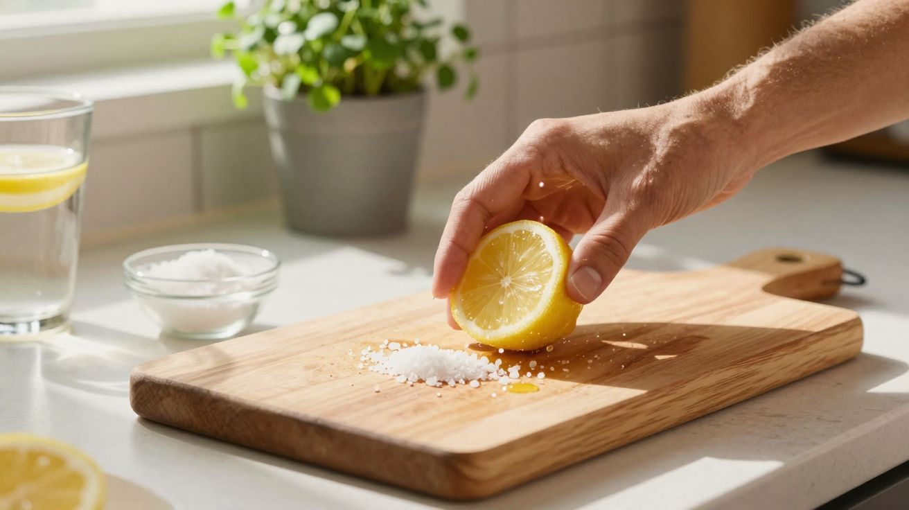 Main pressant un demi-citron sur une planche en bois avec du gros sel, verre d'eau citronnée en arrière-plan.