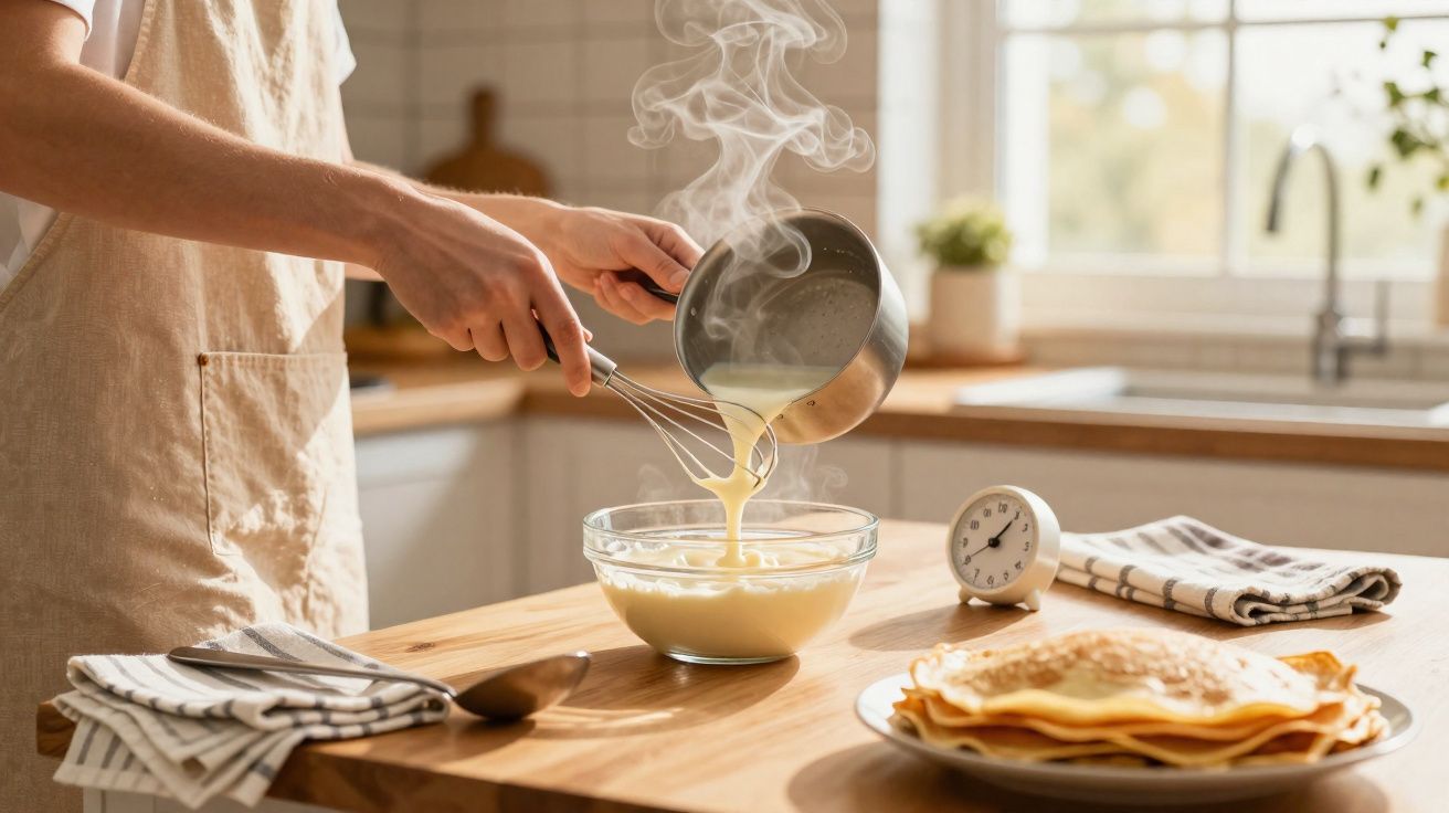 Personne versant une pâte chaude dans un bol en verre dans une cuisine lumineuse avec des crêpes sur la table.