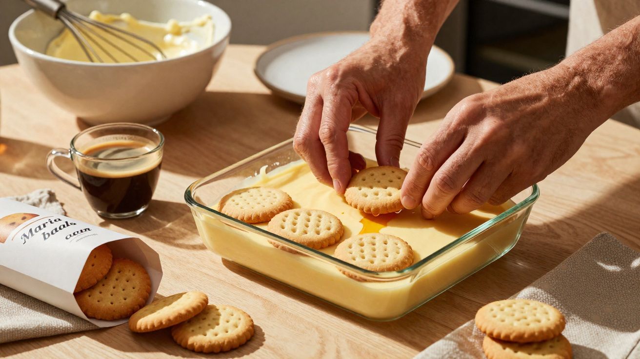 Deux mains déposant des biscuits ronds sur une crème dans un plat en verre, près d'un café et un saladier.