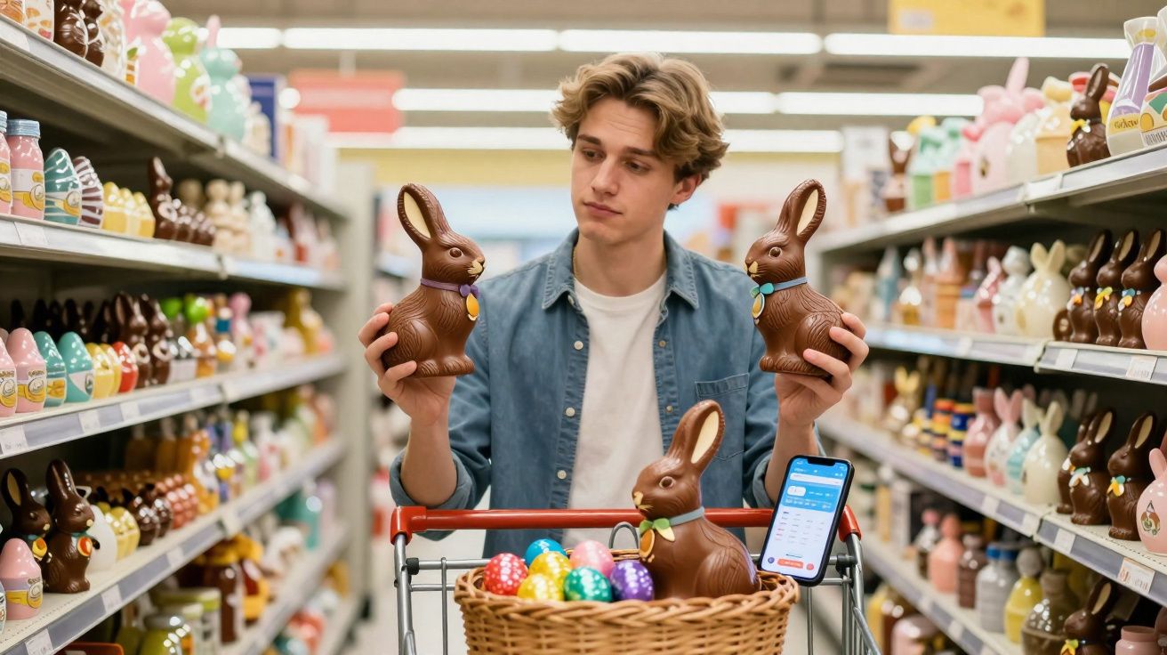 Jeune homme compare deux lapins en chocolat dans une allée de magasin décorée pour Pâques.
