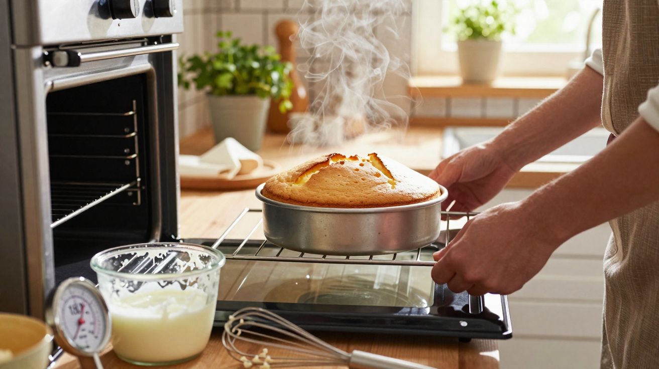 Personne retirant un gâteau chaud fumant du four dans une cuisine lumineuse et accueillante.