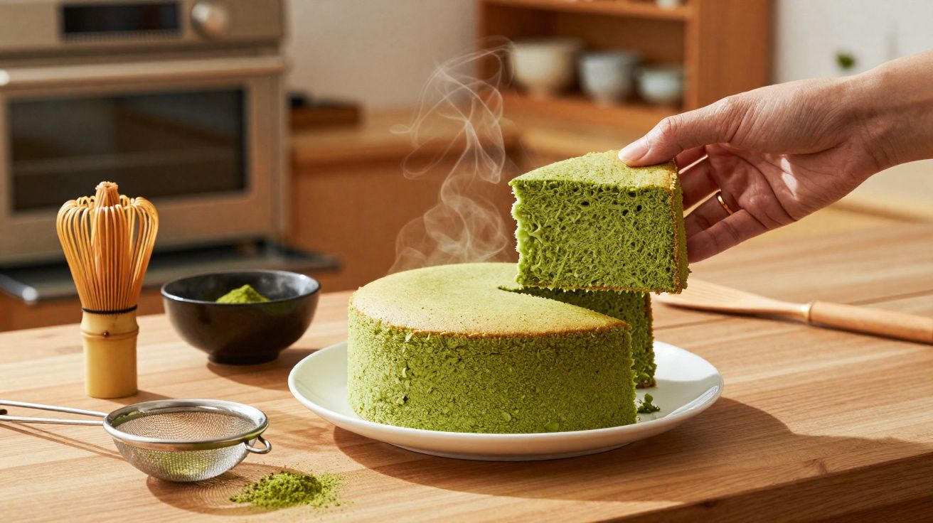 Tranche de gâteau moelleux au thé matcha qui dégage de la vapeur sur une assiette blanche sur une table en bois.