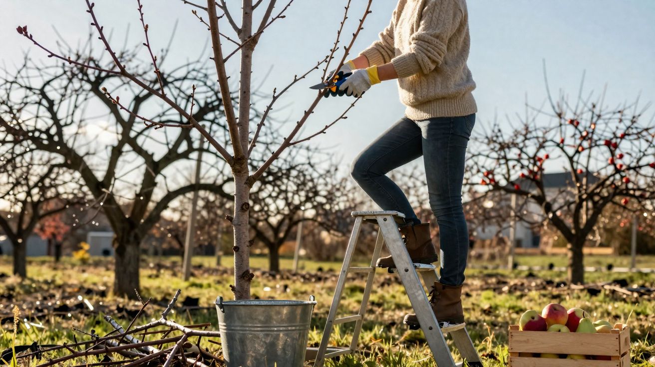 Personne taillant un arbre fruitier en automne dans un verger, debout sur une échelle avec des pommes à côté.