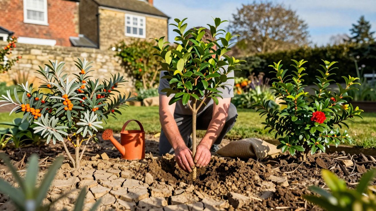 Personne plantant un jeune arbre dans un jardin ensoleillé avec des arbustes fruitiers autour.