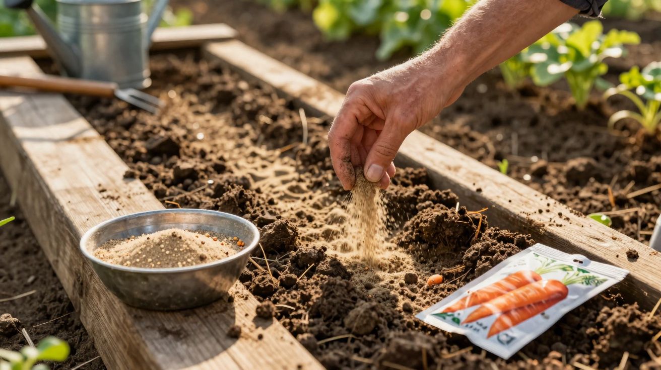 Main semant des graines de carotte dans un potager avec un paquet de graines et un bol de terreau à côté.