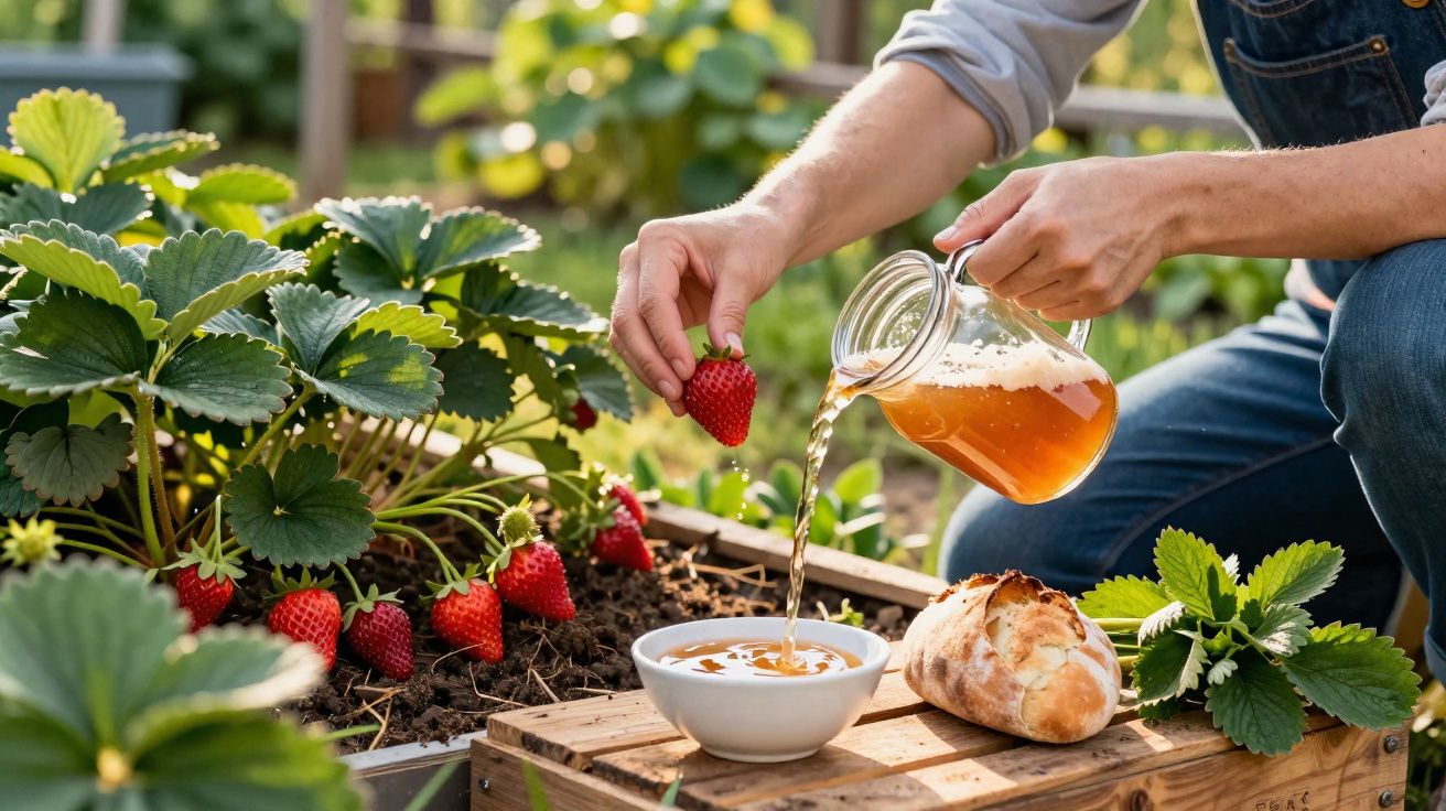 Personne arrosant une fraise avec un pichet, à côté d'une coupelle de miel et d'un morceau de pain.