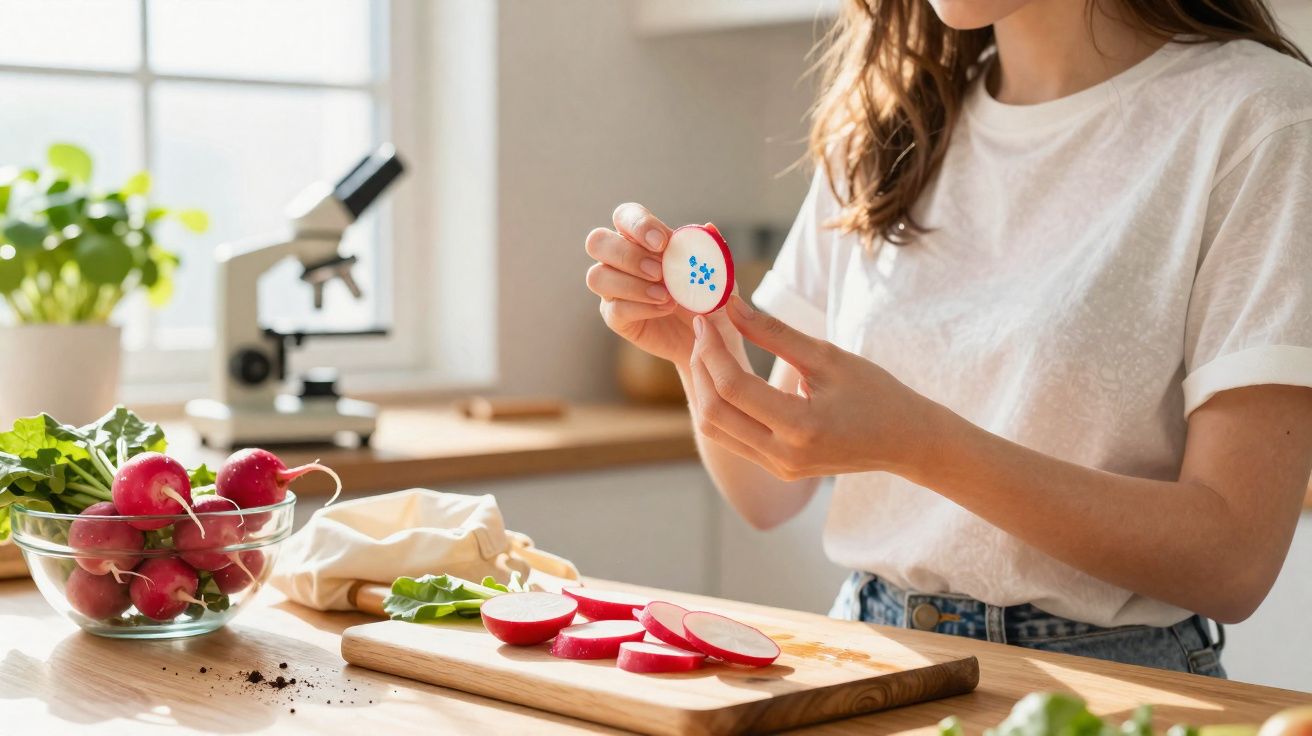 Jeune femme en t-shirt blanc tenant une tranche de radis près d’une planche avec radis tranchés et microscope.