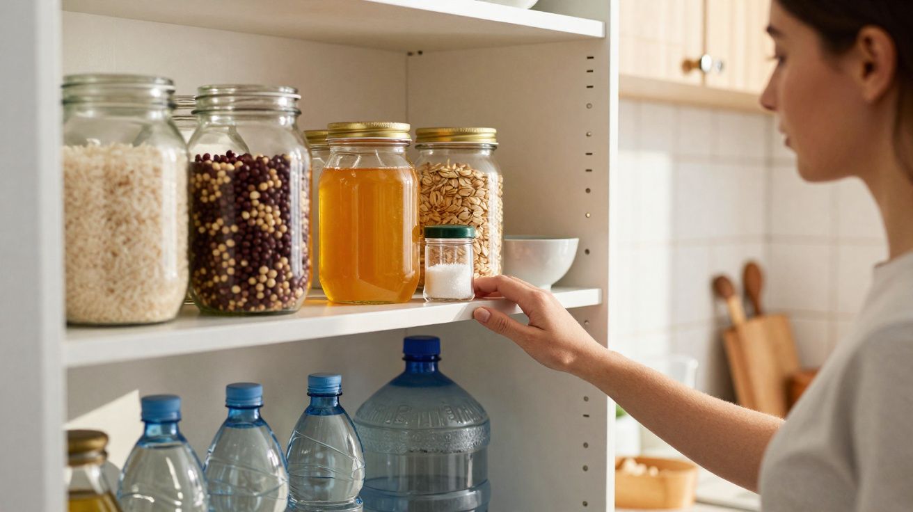 Personne prenant un pot en verre contenant du miel dans un placard de cuisine avec des bocaux et bouteilles.