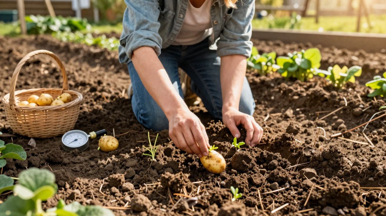 Personne plantant une pomme de terre dans un potager ensoleillé avec un panier de pommes de terre à côté.