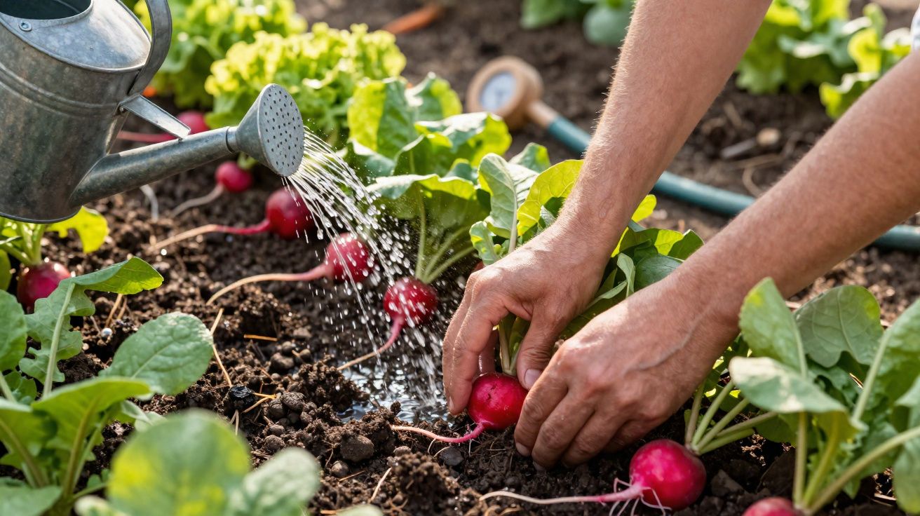 Personne arrosant et récoltant des radis rouges dans un jardin potager ensoleillé.