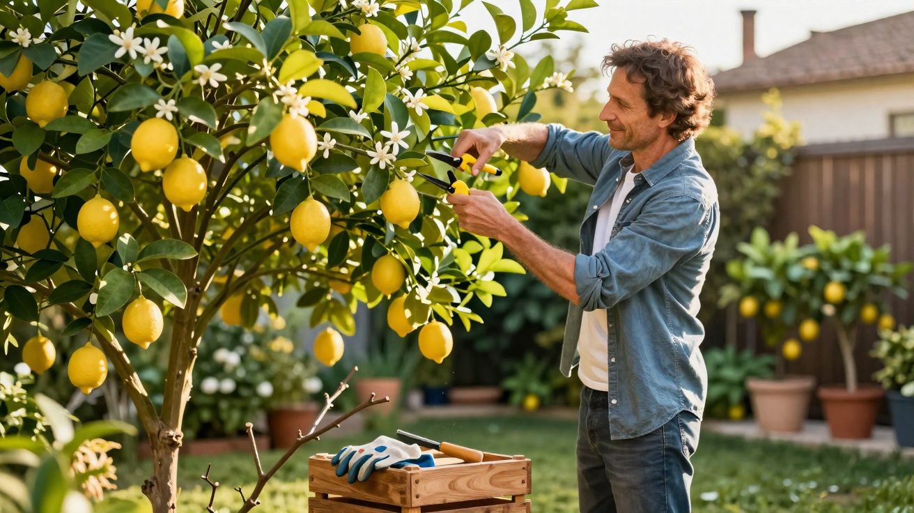 Homme coupant un citron dans un jardin ensoleillé avec plusieurs pots de citronniers en arrière-plan.