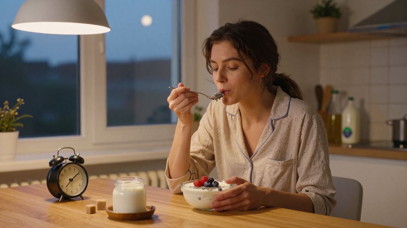 Femme en pyjama dégustant un bol de yaourt aux fruits dans une cuisine éclairée au crépuscule.