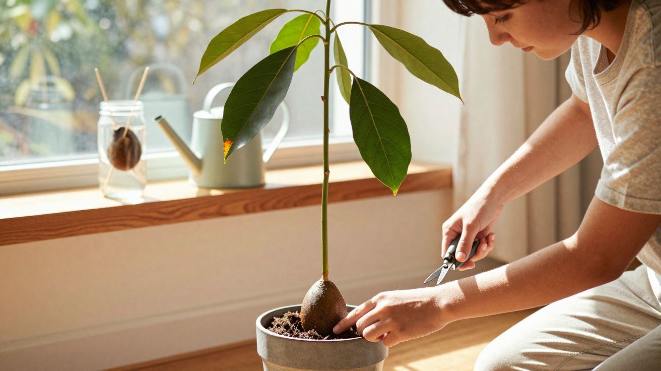 Personne taillant délicatement une pousse d’avocat dans un pot près d’une fenêtre lumineuse.
