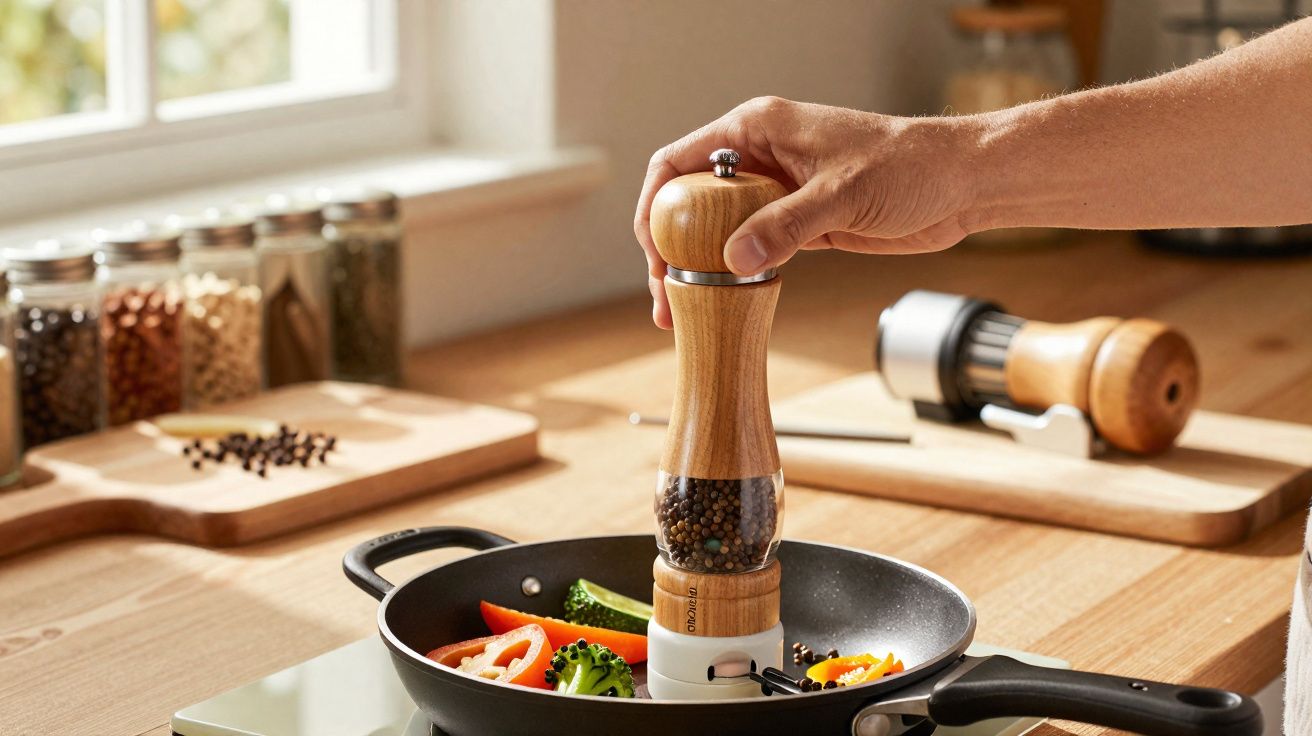Main utilisant un moulin à poivre en bois pour assaisonner des légumes dans une poêle noire.