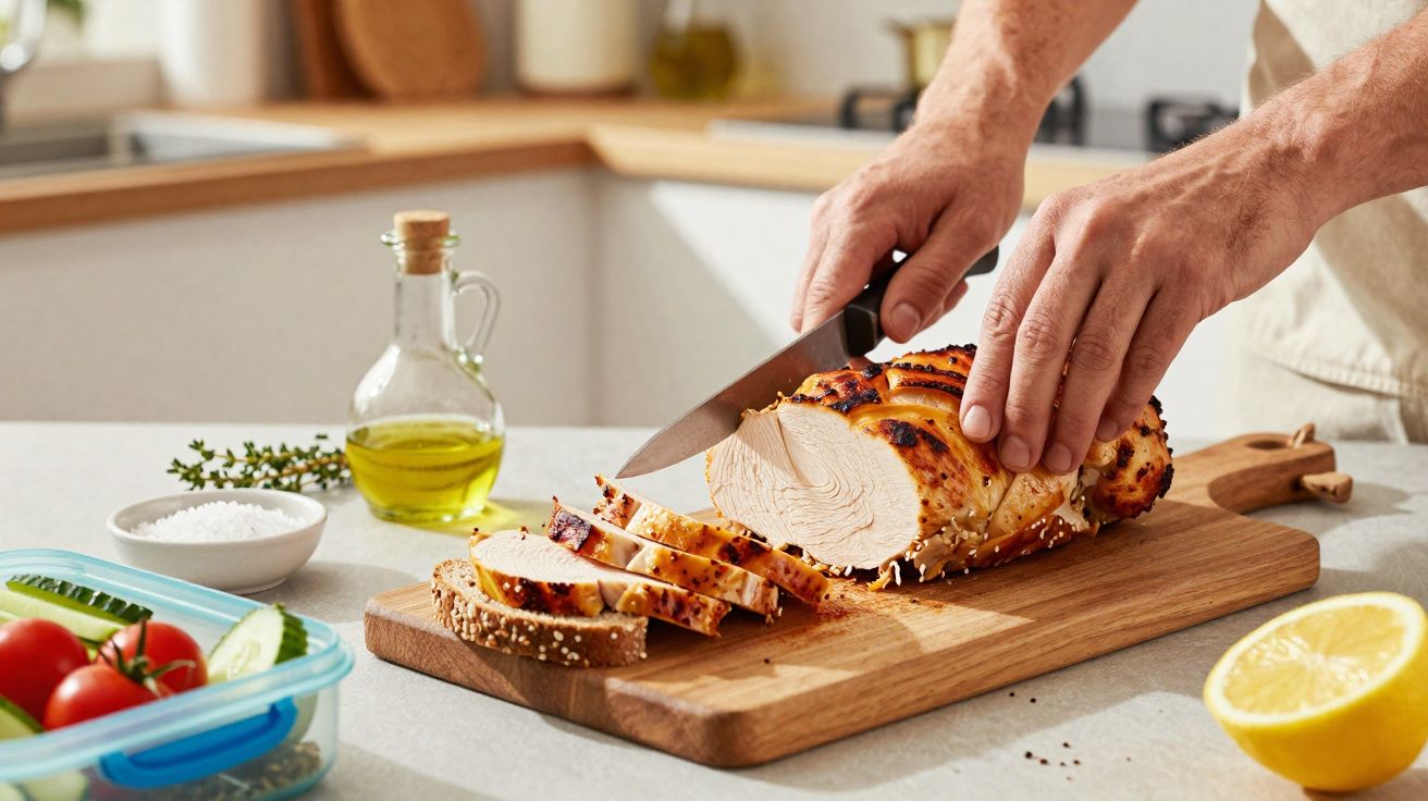Mains tranchant une poitrine de poulet grillée sur une planche en bois dans une cuisine lumineuse.