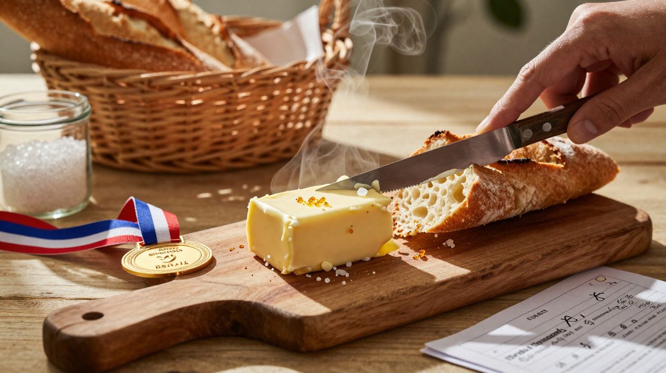 Personne coupant un morceau de beurre sur une planche en bois avec une baguette et une médaille à côté.
