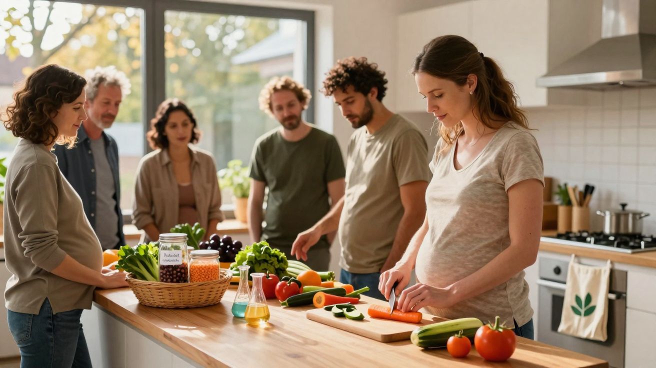 Groupe de personnes dans une cuisine, une femme enceinte découpe des légumes frais sur un plan de travail.
