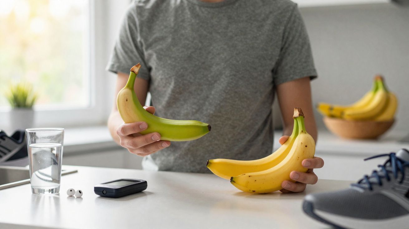 Personne tenant des bananes mûres et vertes sur un comptoir avec objets sportifs et un verre d'eau.