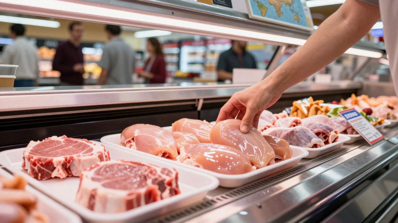 Main saisissant un filet de poulet dans un comptoir réfrigéré de viande en supermarché.