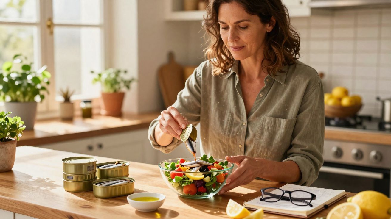 Femme mettant de l'huile d'olive sur une salade fraîche dans une cuisine lumineuse et moderne.
