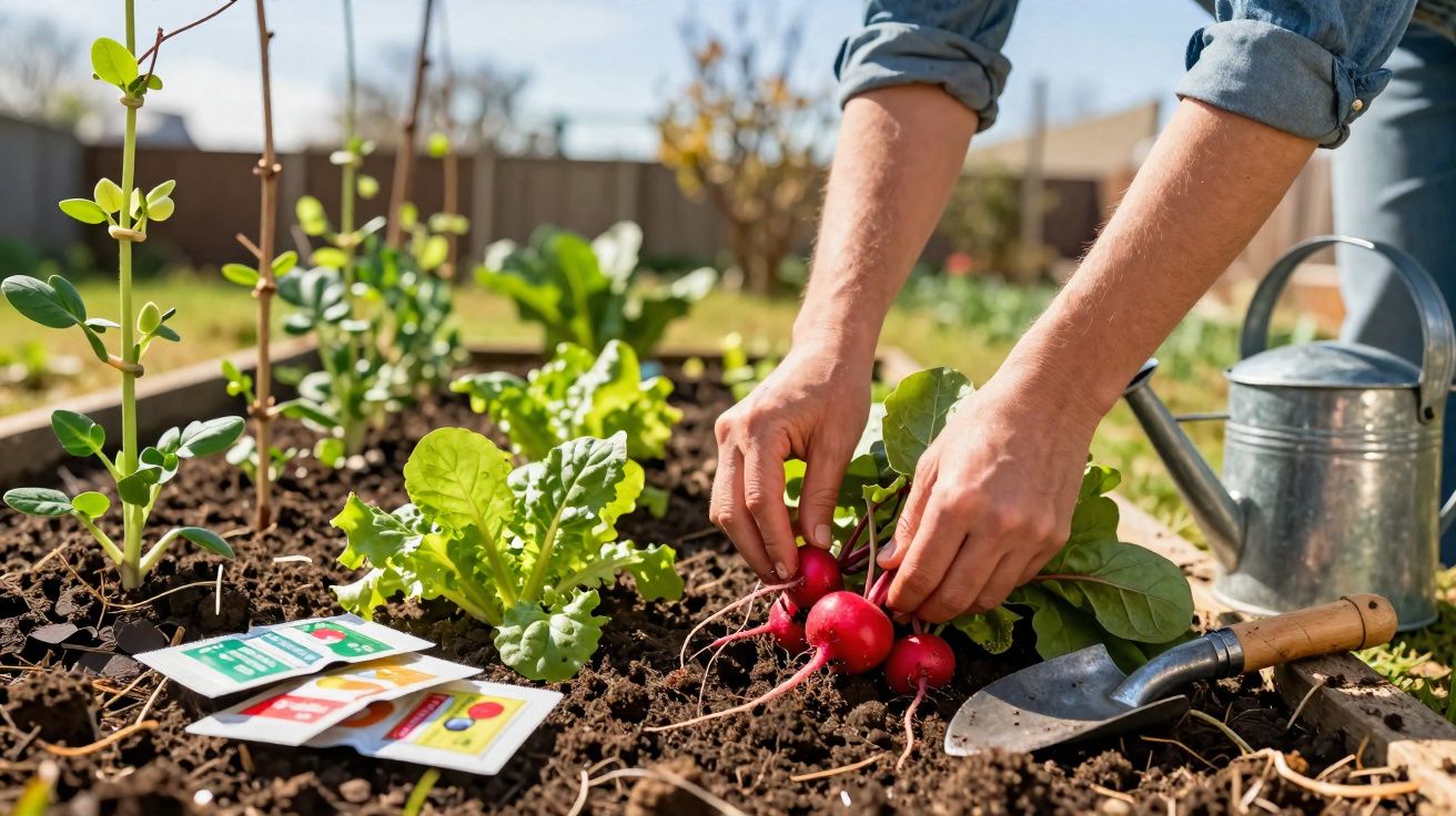 Mains récoltant des radis dans un jardin potager, avec outils de jardinage et sachets de graines à côté.