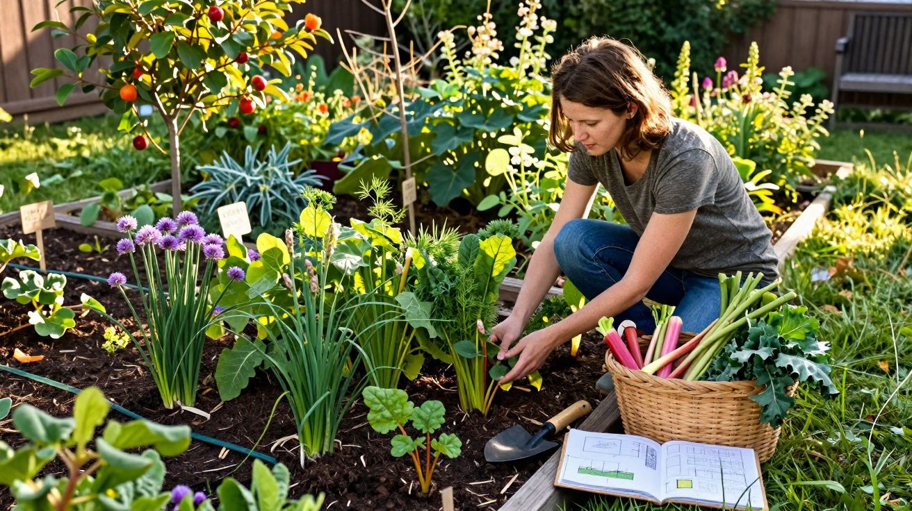Personne récoltant des légumes et herbes fraîches dans un jardin potager soigné et ensoleillé.