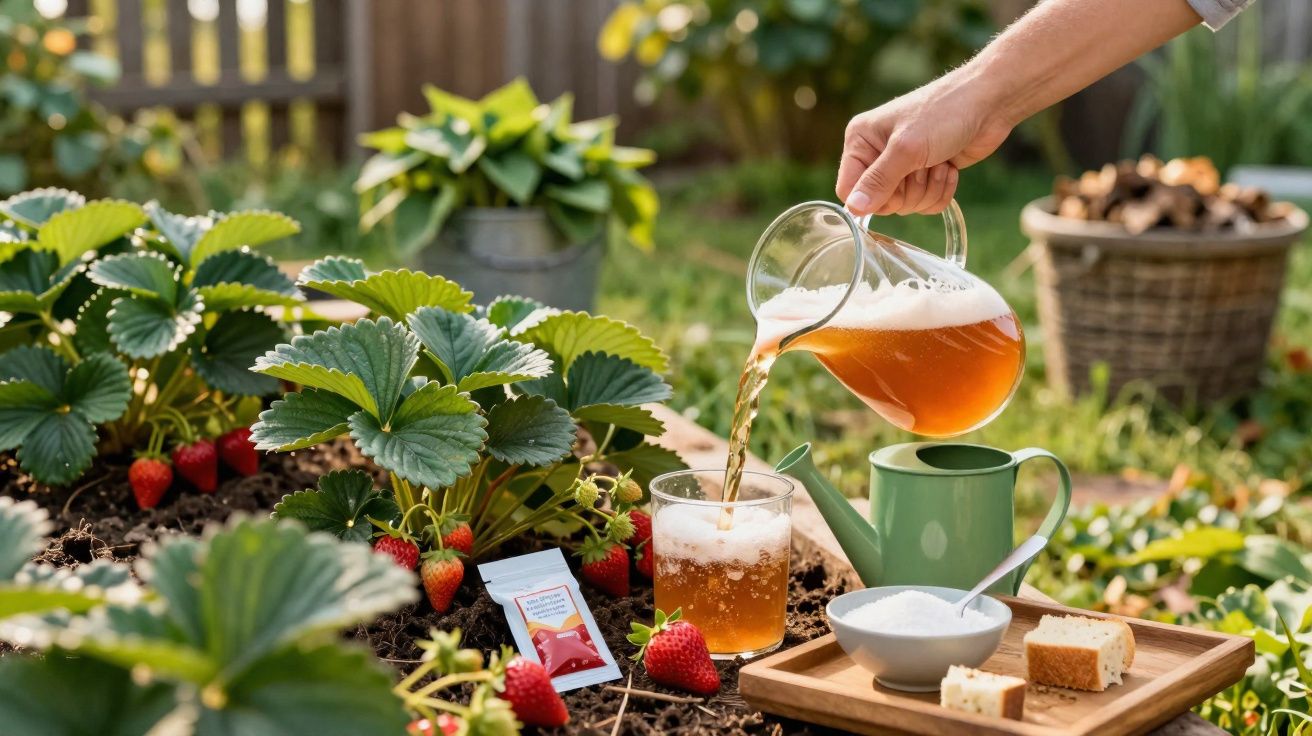 Une main verse de la bière dans un verre près de plants de fraisiers en pleine croissance dans un jardin.