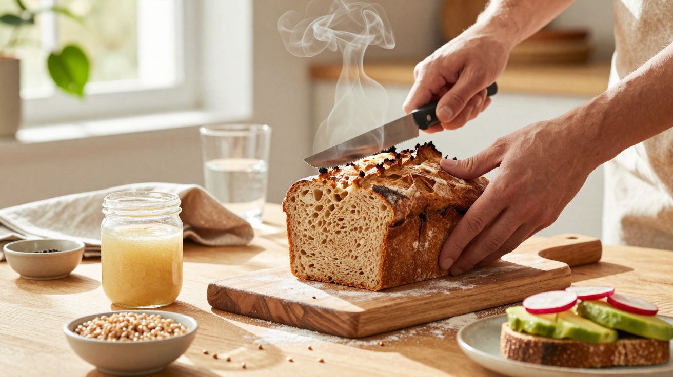 Personne coupant une miche de pain fumante sur une planche en bois avec des tartines d'avocat et radis.