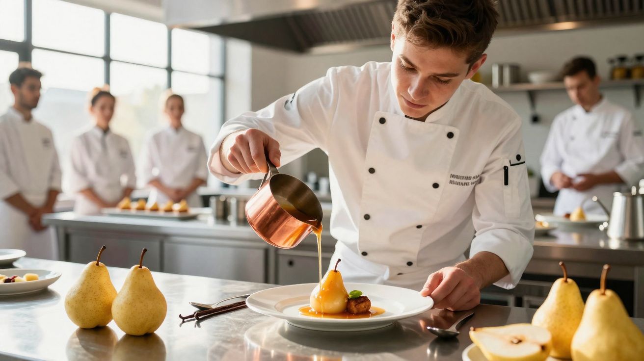 Chef en formation versant une sauce sur un dessert à la poire dans une cuisine professionnelle.