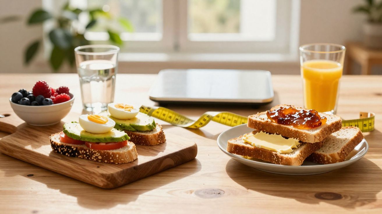 Petit déjeuner sain avec toasts, œufs, avocat, baies, jus d'orange, eau et mètre ruban sur table en bois.