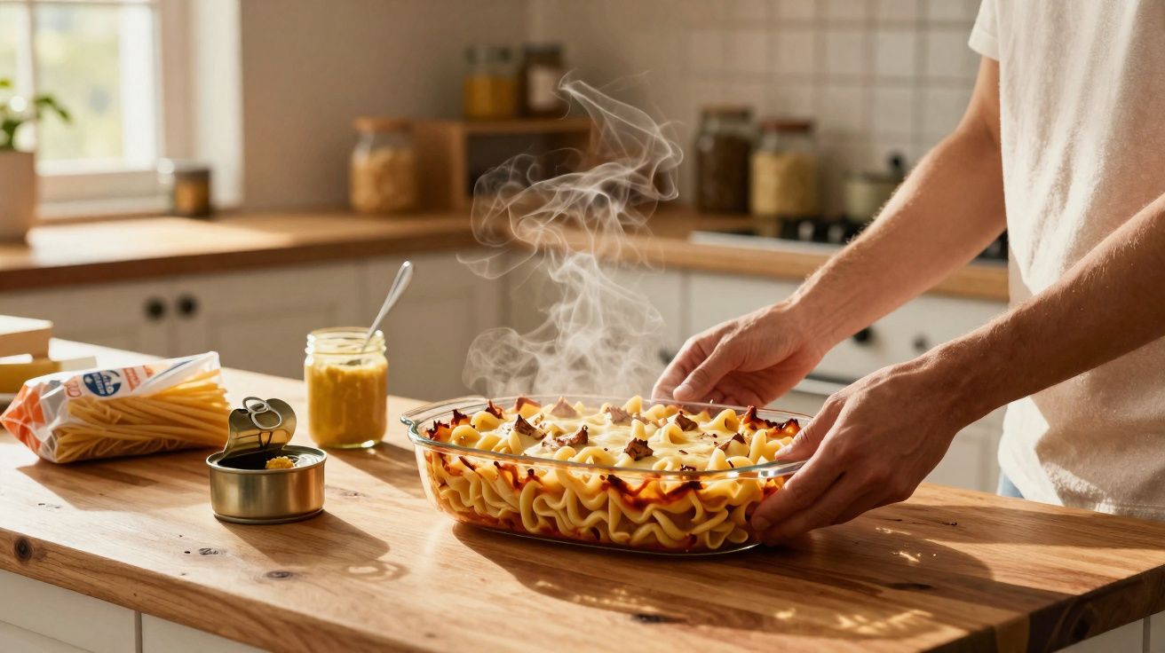 Mains posant un plat en verre de gratin de pâtes fumant sur un plan de travail en bois dans une cuisine lumineuse.