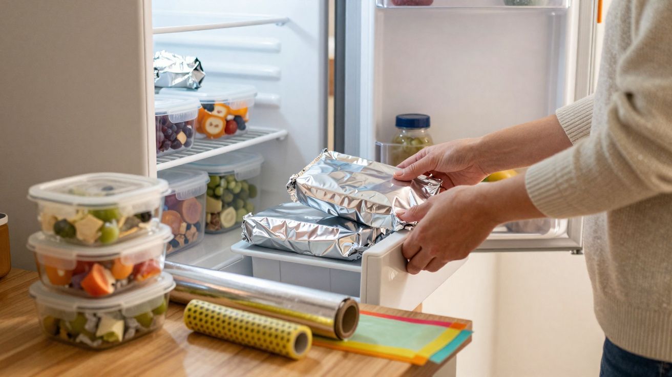 Personne range des aliments emballés dans du papier aluminium dans un tiroir de réfrigérateur ouvert.