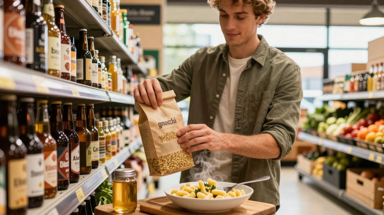 Jeune homme versant des gnocchis dans un bol dans une épicerie avec des boissons et fruits en arrière-plan.