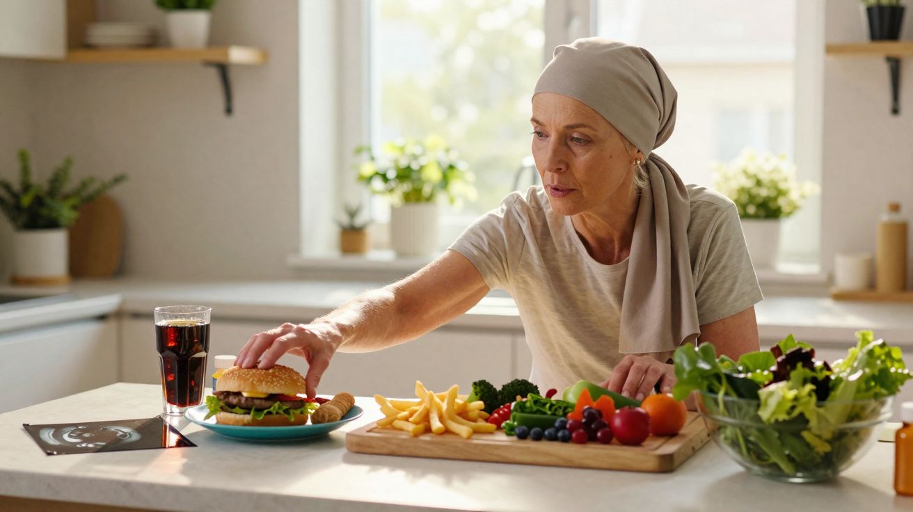Femme portant un foulard atteint de cancer choisissant un hamburger plutôt que légumes et fruits frais dans une cuisine.