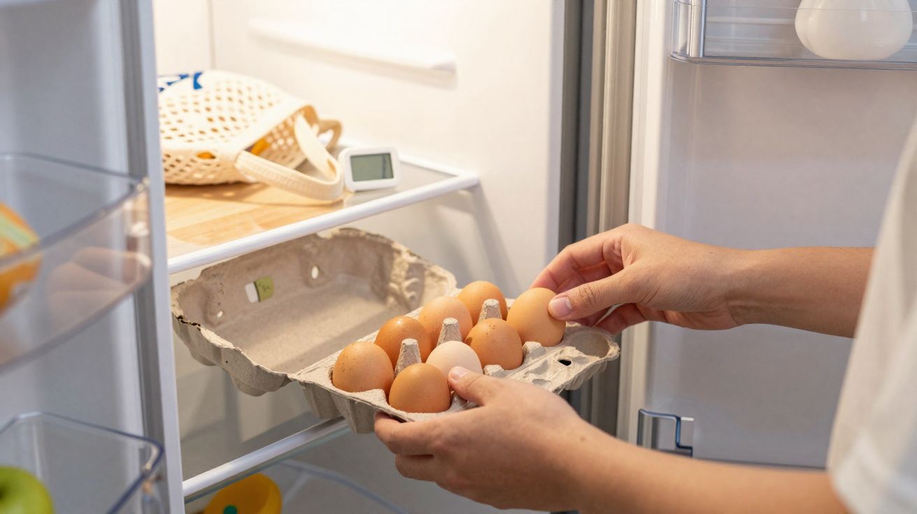 Personne plaçant une boite d’œufs bruns dans un frigo ouvert moderne.