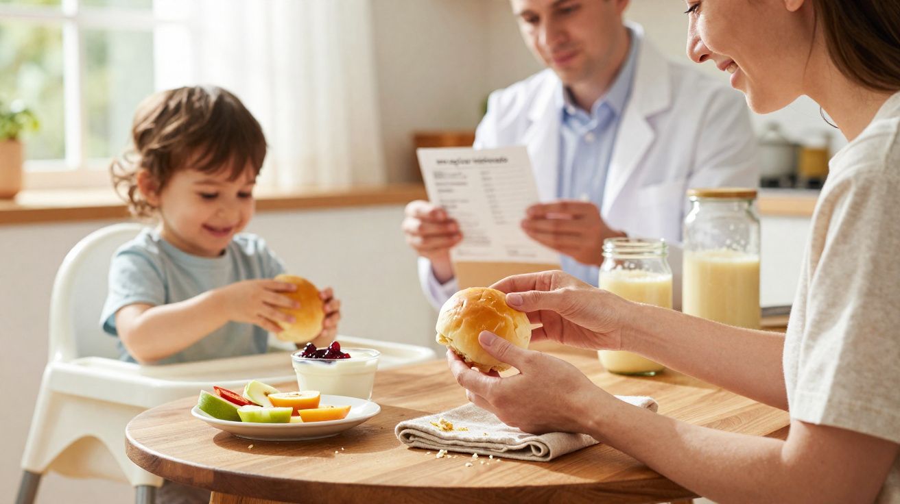 Enfant et adulte souriants partageant un repas sain autour d'une table en bois dans une cuisine lumineuse.