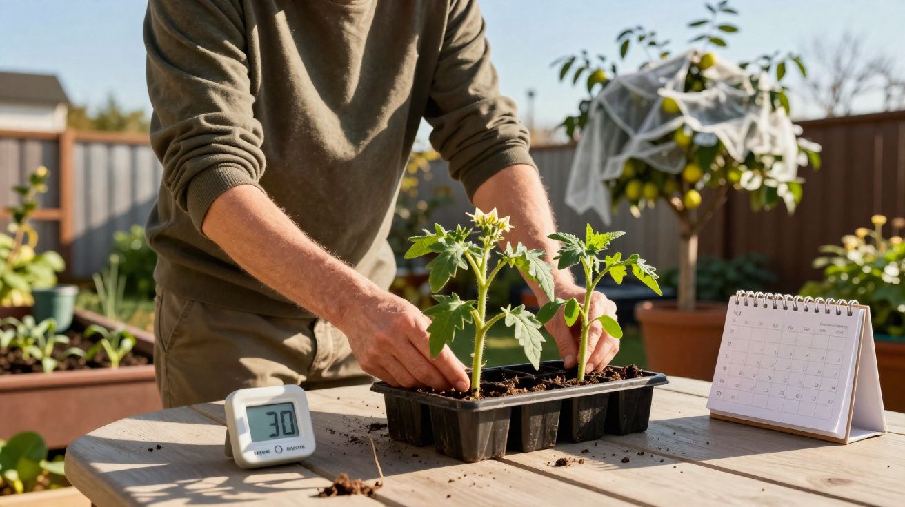 Personne replantant des jeunes tomates dans un plateau noir sur une table en bois à l'extérieur.